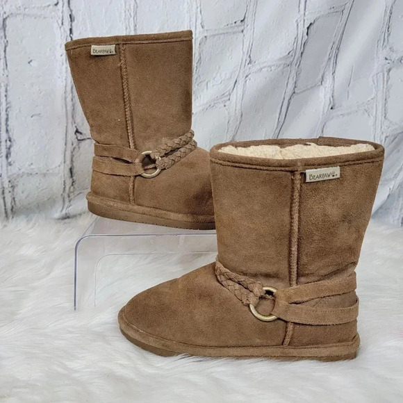 Bearpaw ADELE Brown‎ Suede Winter Boots Ankle Top Comfort Pull On Round Toe Sz 7 - Picture 2 of 13